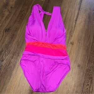 NWT Badgely Mischka Purple/Pink High Neck One Piece Swimsuit